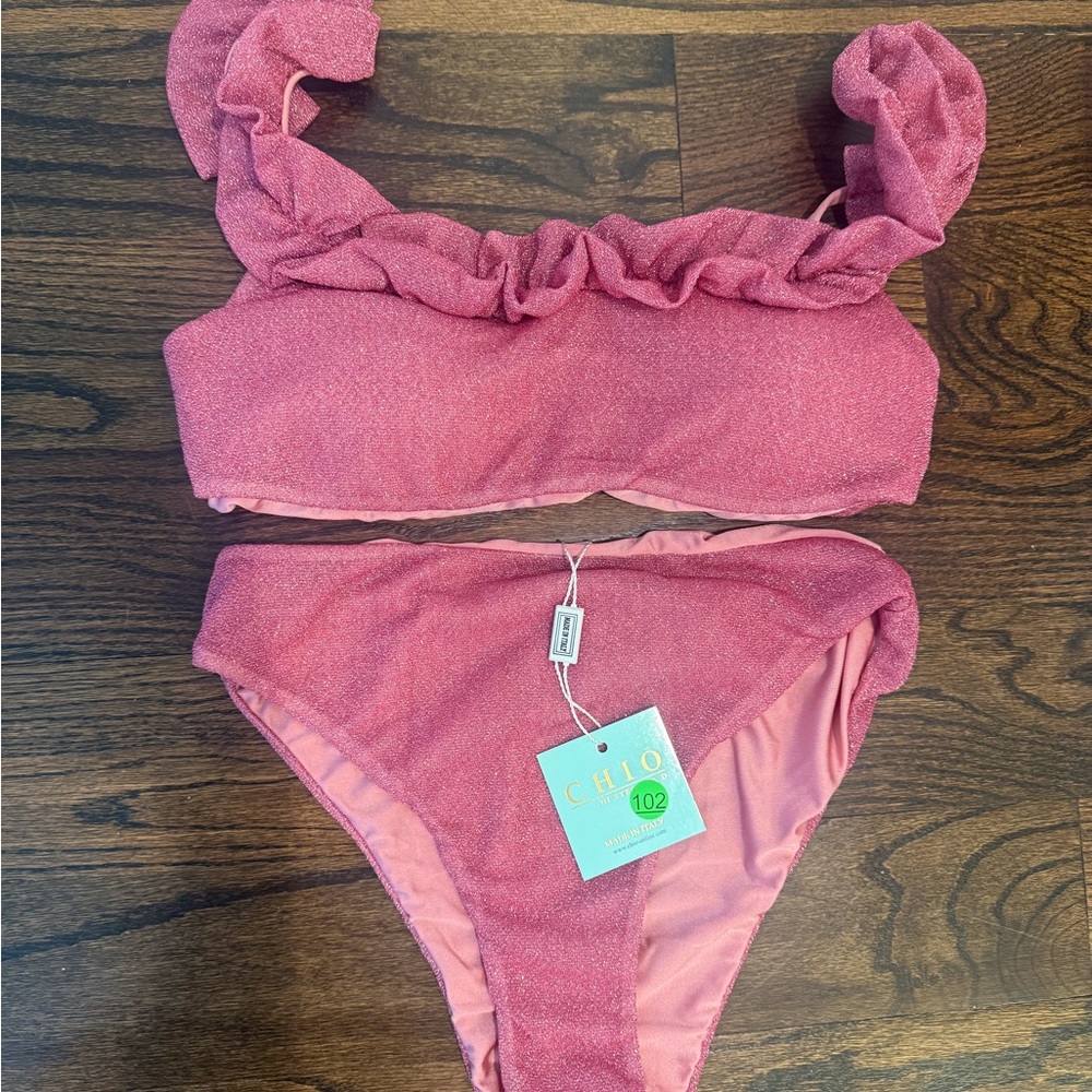 Chio Pink Shimmer Ruffle Bikini Set